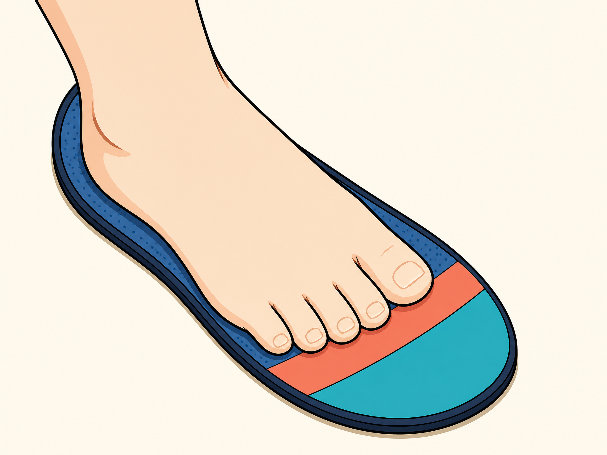 Kinderfuß auf einer Schuhsohle mit dem richtigen Platz zum Abrollen und Wachsen vor den Zehen